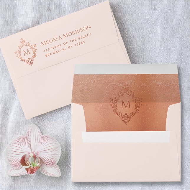 Blush Pink Monogram Rose Gold Crest Return Address Envelope (Creator Uploaded)