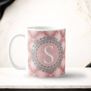 Blush Pink Monogram Sparkly Diamonds Tufted Custom Coffee Mug