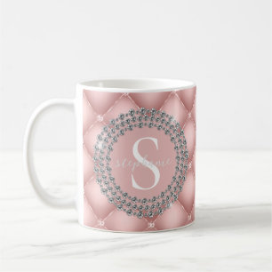 Blush Pink Monogram Sparkly Diamonds Tufted Custom Coffee Mug