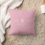 Blush Pink Monogram Throw Pillow<br><div class="desc">Bring warmth and elegance to your home with this customisable blush pink throw pillow. Easily personalise with your monogram, family name, and est. date, making it a meaningful accent for your living room, bedroom, or entryway. The soft pale pink backdrop offers a soothing, contemporary feel that complements a variety of...</div>