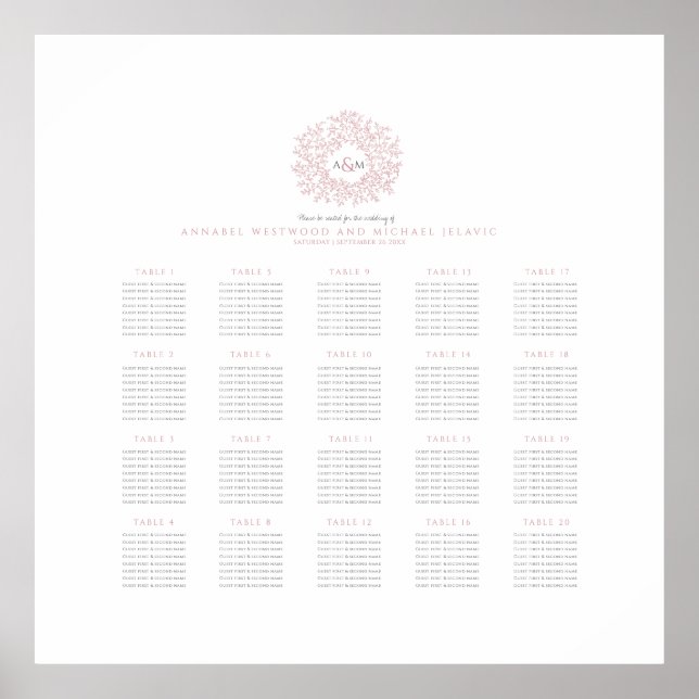 Blush pink monogram wedding 20 table seating chart (Front)
