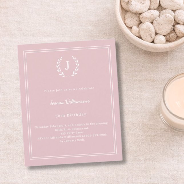 Blush pink monogram wreath birthday invitation (Creator Uploaded)