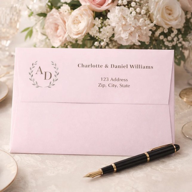 Blush pink monogram wreath return address envelope (Creator Uploaded)