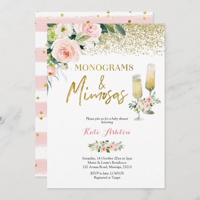 Blush Pink Monograms and Mimosas Bridal Shower Invitation (Front/Back)