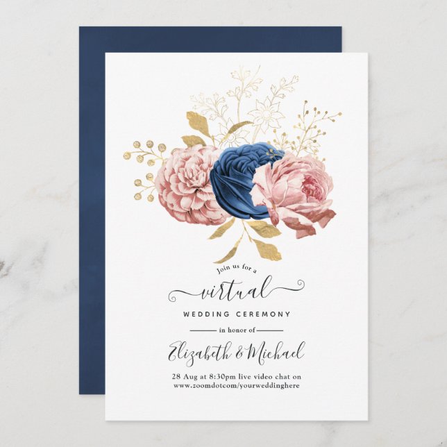 Blush Pink, Navy and Gold Floral Virtual Wedding Invitation (Front/Back)