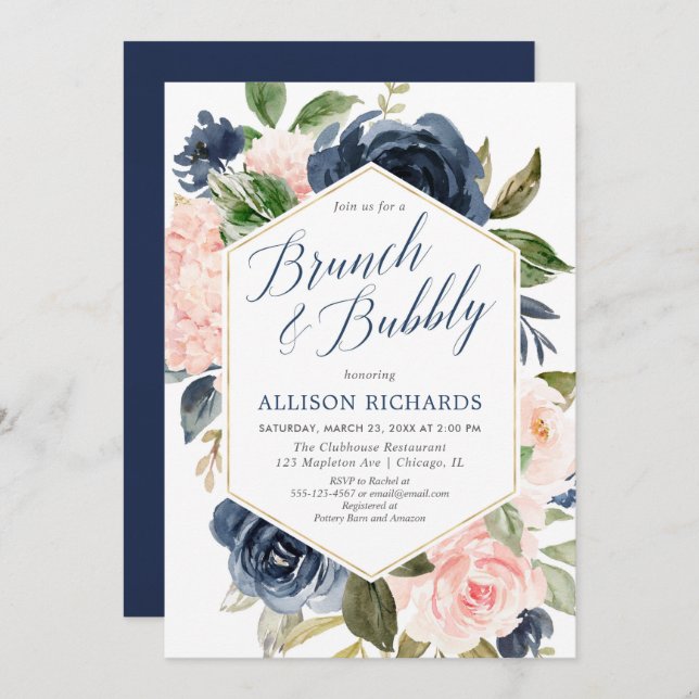 Blush pink navy blue brunch bubbly bridal shower invitation (Front/Back)