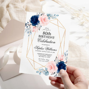 Blush Pink & Navy Blue Floral 80 Birthday Invitation