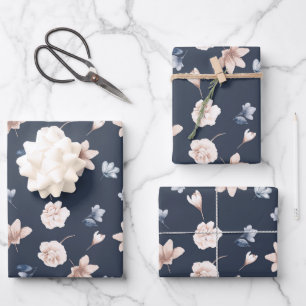 Blush Pink Navy Blue Floral Birthday Baby Shower Wrapping Paper Sheet