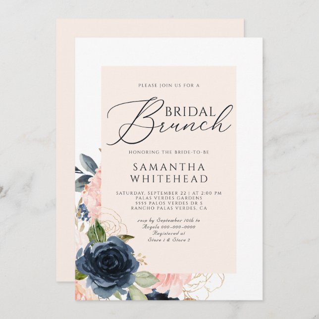 Blush Pink Navy Blue Floral Bridal Shower Invitation (Front/Back)