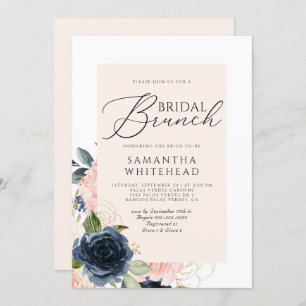 Blush Pink Navy Blue Floral Bridal Shower Invitation