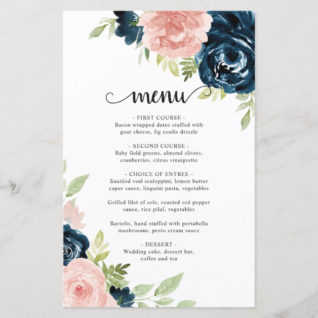 Blush Pink Navy Blue Floral Elegant Wedding Menu (Front)