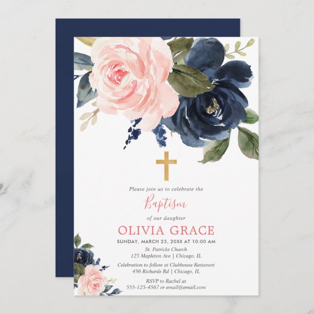 Blush pink navy blue floral girl baptism invitation (Front/Back)