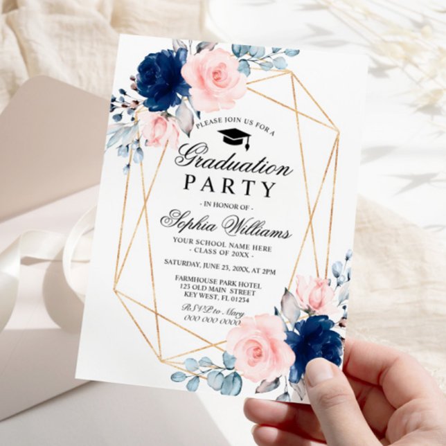 Blush Pink & Navy Blue Floral Graduation Party Invitation (Creator Uploaded)
