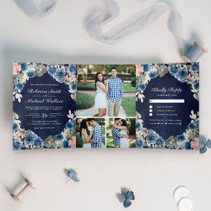 Blush Pink Navy Blue Floral Midnight Photo Wedding Tri-Fold Invitation