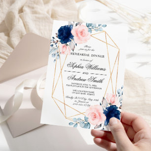 Blush Pink & Navy Blue Floral Rehearsal Dinner Invitation