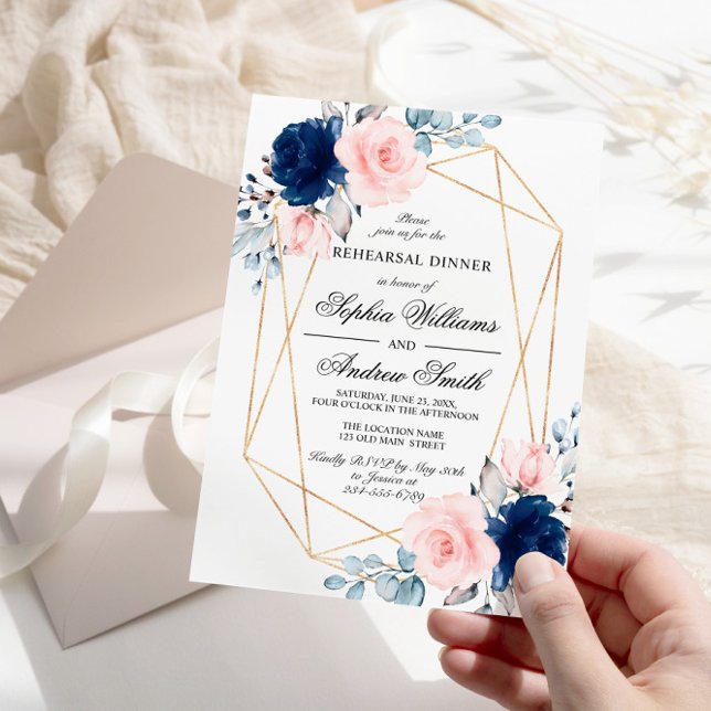 Blush Pink & Navy Blue Floral Rehearsal Dinner Invitation (Creator Uploaded)