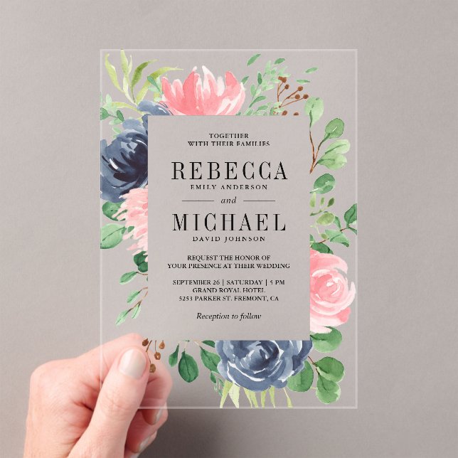 Blush Pink Navy Blue Floral Wedding Acrylic Invitations (Insitu (Handheld))