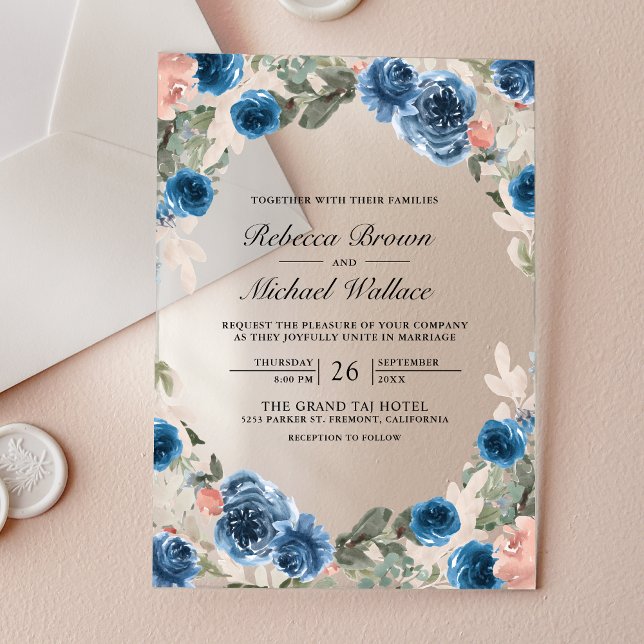 Blush Pink Navy Blue Floral Wedding Acrylic Invitations (Creator Uploaded)