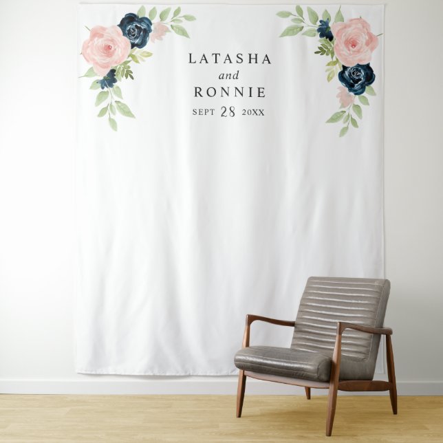 Blush Pink Navy Blue Floral Wedding Backdrop Tapestry (In Situ)