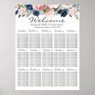 Blush Pink Navy Blue Floral Wedding Seating Chart