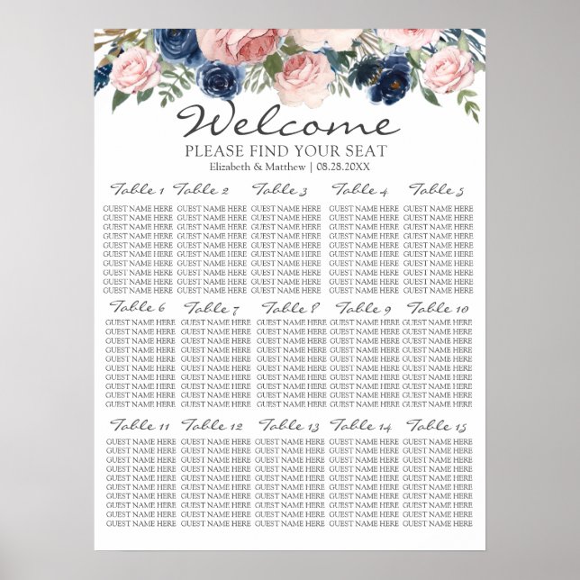 Blush Pink Navy Blue Floral Wedding Seating Chart (Front)