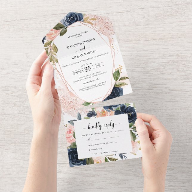 Blush Pink Navy Blue Floral Wedding with RSVP All In One Invitation (Tearaway)
