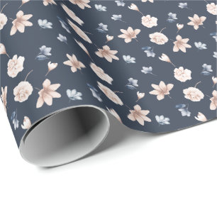 Blush Pink Navy Blue Floral  Wrapping Paper