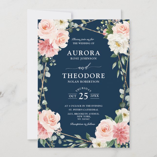 Blush Pink Navy Blue Geometric Botanical Wedding Invitation (Front)