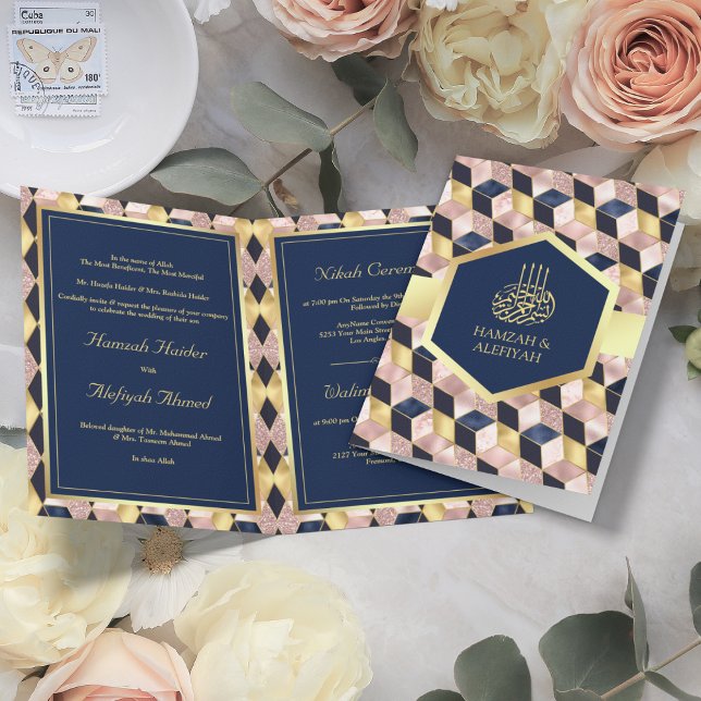 Blush Pink Navy Blue Geometric Muslim Wedding Invitation (Creator Uploaded)