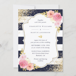 Blush Pink Navy Blue Gold Confetti Floral Wedding Invitation