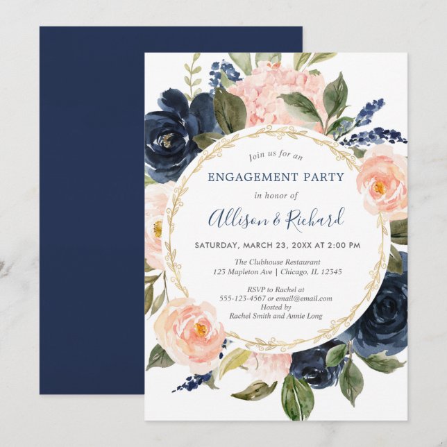 Blush pink navy blue gold elegant engagement party invitation (Front/Back)