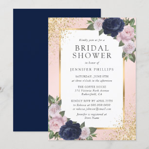 Blush Pink Navy Blue Gold Floral Bridal Shower Invitation