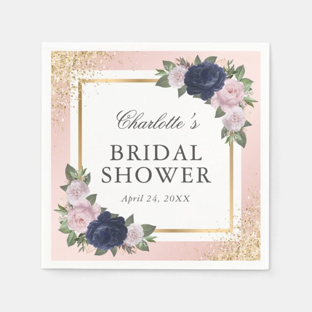 Blush Pink Navy Blue Gold Floral Bridal Shower Napkin (Front)