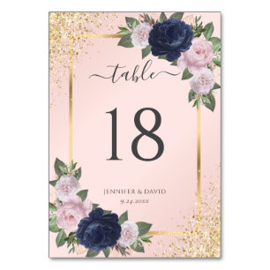 Blush Pink Navy Blue Gold Floral Wedding Table Number