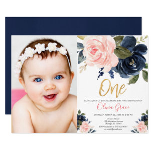 Blush pink navy blue gold girl 1st birthday photo invitation