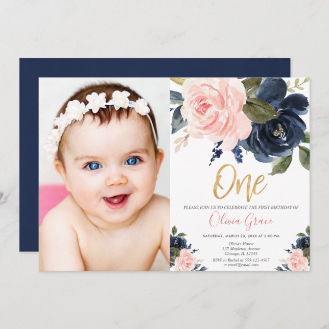 Blush pink navy blue gold girl 1st birthday photo invitation (Front/Back)
