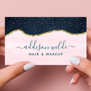 Blush Pink Navy Blue Modern Gold Speckle Abstract Business Card