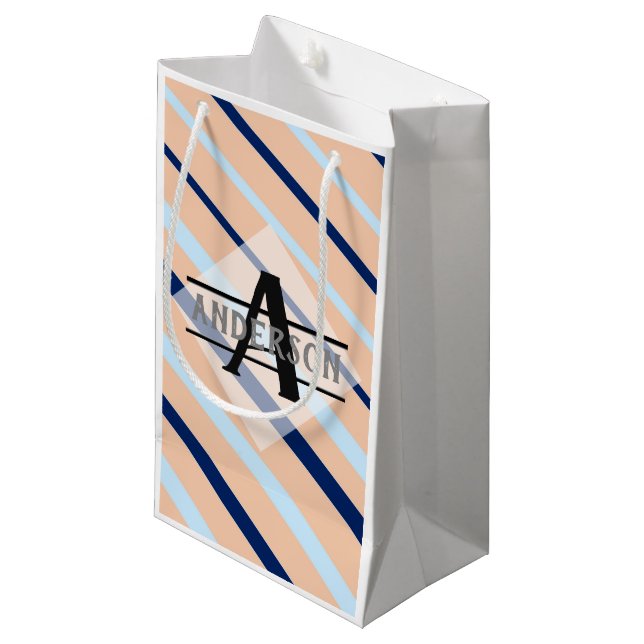 Blush Pink Navy Blue Monogram Small Gift Bag (Front Angled)