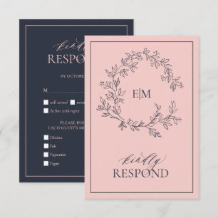 Blush Pink Navy Blue Monogram Wedding RSVP Card