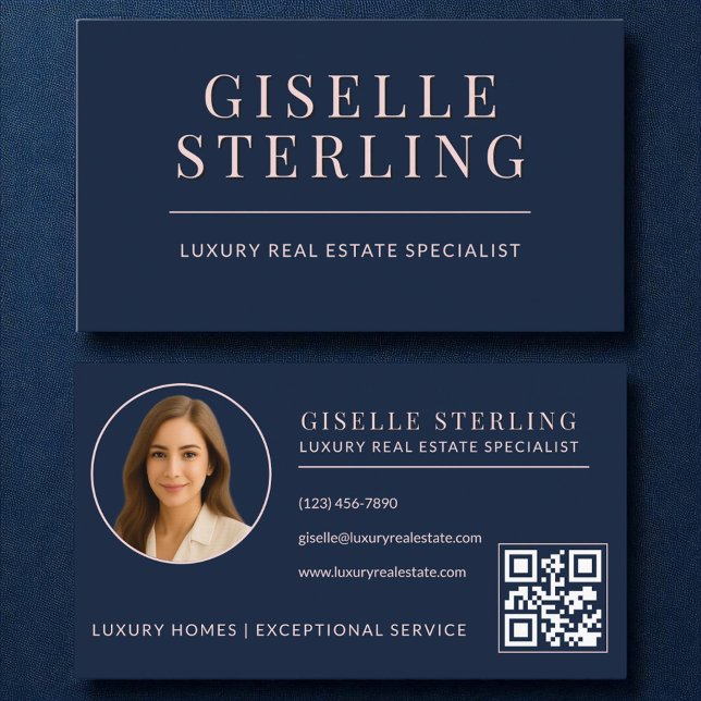 Blush Pink Navy Blue Real Estate Agent QR Code Business Card (Creator Uploaded)