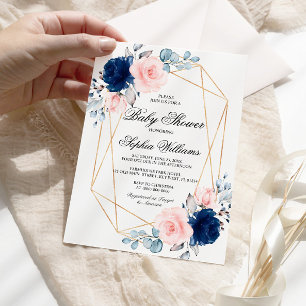 Blush Pink & Navy Blue Rose Baby Shower Invitation