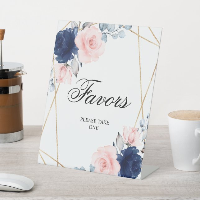 Blush Pink & Navy Blue Rose Shower Favours Sign (In SItu)