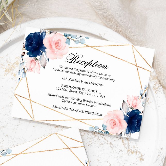 Blush Pink & Navy Blue Rose Wedding Reception Enclosure Card (Creator Uploaded)
