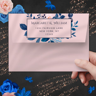 Blush Pink & Navy Blue Watercolor Floral Wedding Envelope