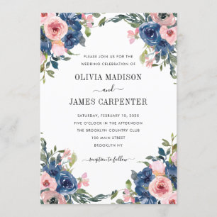 Blush Pink Navy Blue Watercolor Floral Wedding Invitation