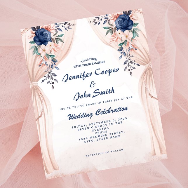 Blush Pink Navy Blue Watercolor Floral Wedding Invitation (Creator Uploaded)