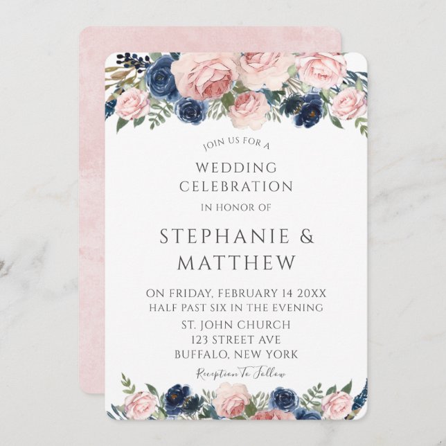 Blush Pink Navy Blue Watercolor Peony Wedding Invitation (Front/Back)