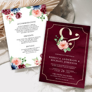 Blush Pink Navy Burgundy Floral Ampersand Wedding Invitation