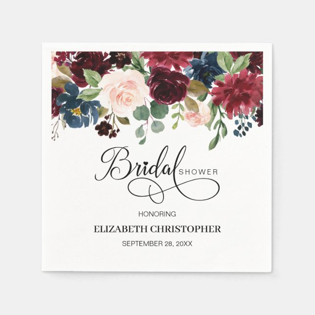 Blush Pink Navy Burgundy Floral Bridal Shower Napkin (Front)