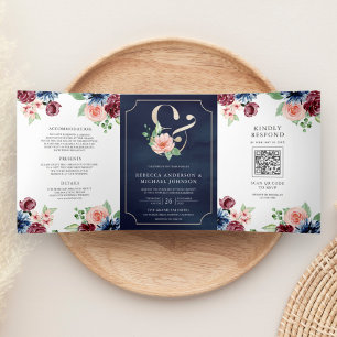 Blush Pink Navy Burgundy Floral QR Code Wedding Tri-Fold Invitation